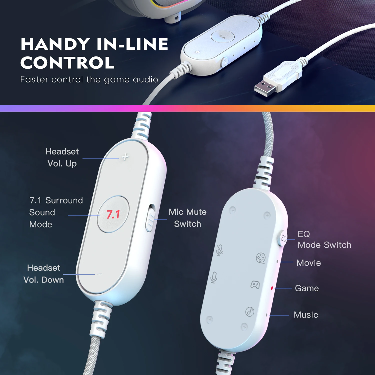 FIFINE RGB 게임용 헤드셋, 7.1 서라운드 사운드, 3-EQ/MIC, 오버 이어 헤드폰, PC PS4 PS5 Ampligame-H6W 인라인 제어