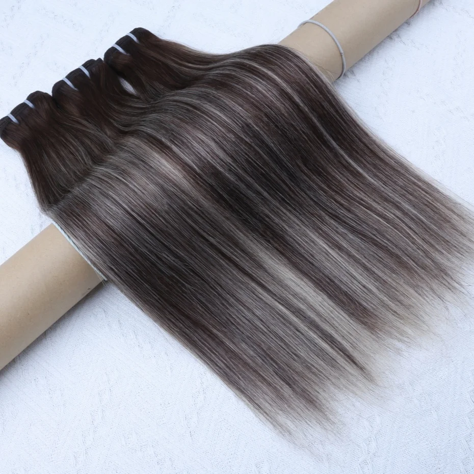 Ciocche di Capelli Umani Vietnamiti Marrone Scuro con Riflessi Grigio Argento, Trama Piano Weave, Offerta 1/2/3/4 Ciocche, Doppia Trama, Capelli Balayage - immagine 4