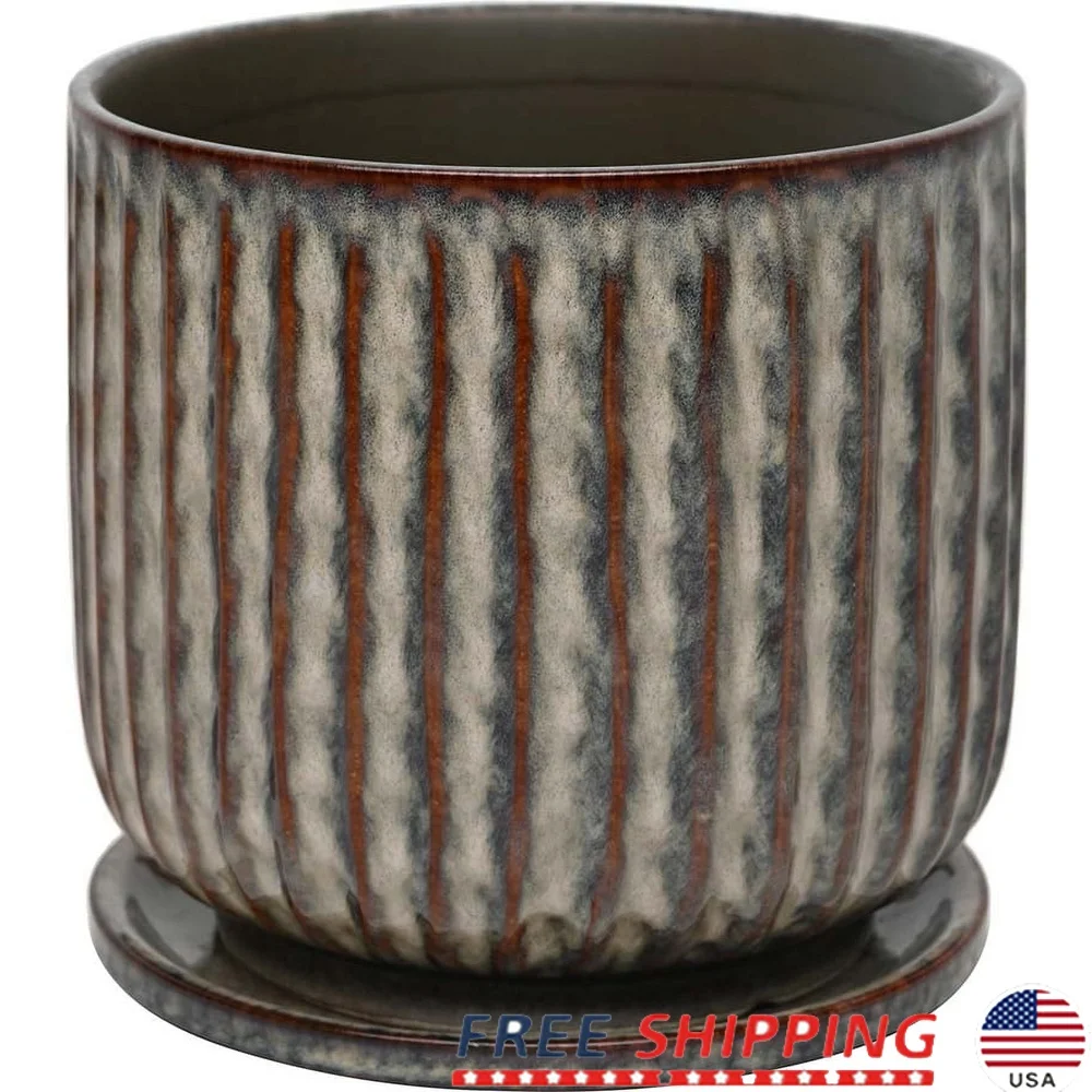 Ceramic Planter 8 Inch with Attached Saucer Drainage Holes Modern Indoor Outdoor Flower Pot Durable Gardening Container