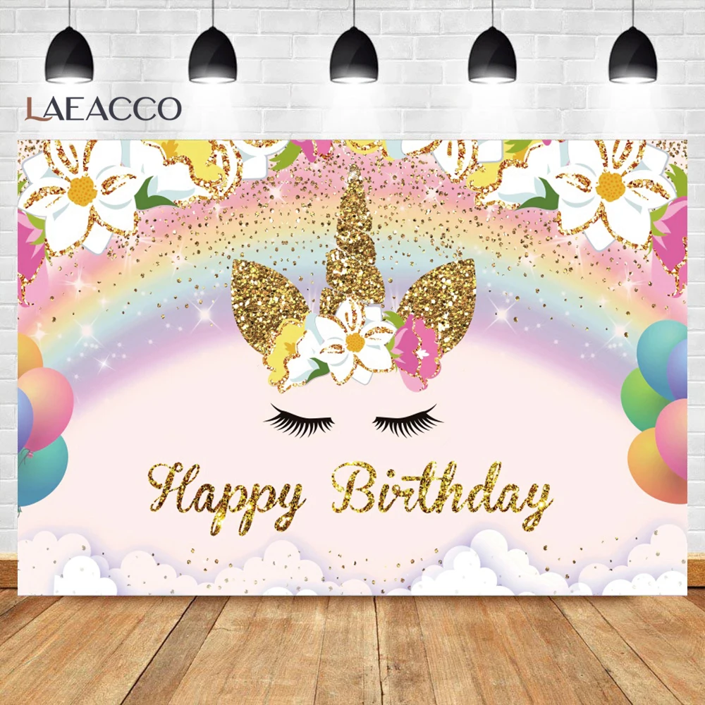 Rainbow Unicorn Happy Birthday Photo Backdrop Dreamy Shiny Star Backgrounds Banner Baby Shower Party Photographic Decor