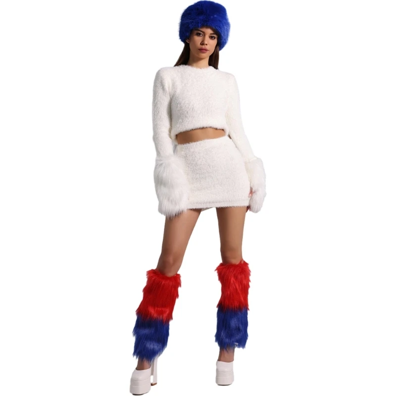 New Woman Plush Russian Hat with Leg Warmer Sexy Plush Wrist Cuffs for Masquerade