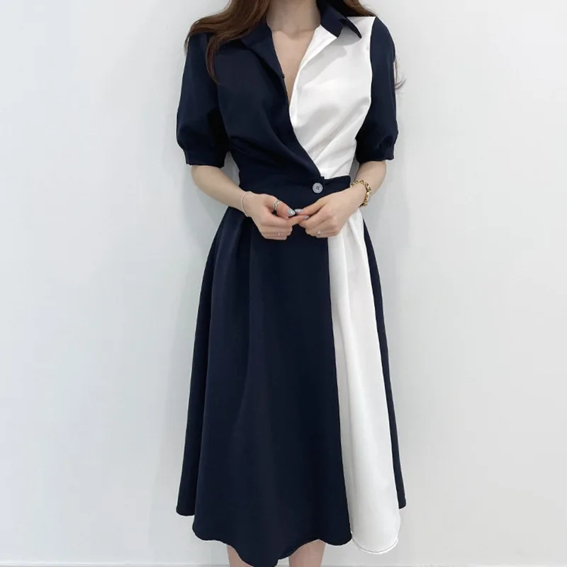 

Korean chicc summer French niche lapel design sense of contrast color stitching one button waist short-sleeved dress