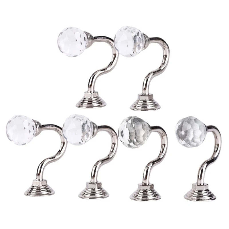 6pcs Silver Round Head Crystal Glass Curtain Hold Wall Hook Mounted