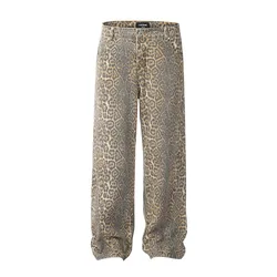 High Waisted Retro Leopard Print Wide Leg Jeans - Vintage Streetwear Denim Trousers - XXL (Leopard 3)