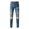 Street Fashion Men Jeans Retro Washed Blue Stretch Skinny Ripped Jeans Men Yellow Leather Patched Designer Hip Hop Brand Pants 1