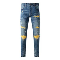 Street Fashion Men Jeans Retro Washed Blue Stretch Skinny Ripped Jeans Men Yellow Leather Patched Designer Hip Hop Brand Pants 1