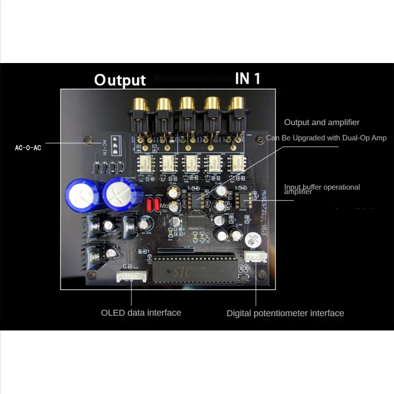 Nvarcher 2.08 Inch OLED MUSES72320 HIFI Preamplifier Volume Controller 4 in 1 Out Relay Switching with Infrared Remote Control