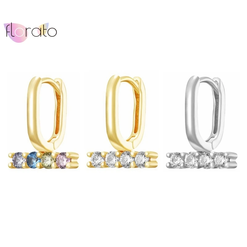 

925 Sterling Silver Needle Geometric Rectangular Zircon Hoop Earrings For Women Colorful Crystal Huggie Gold Earrings Jewelry