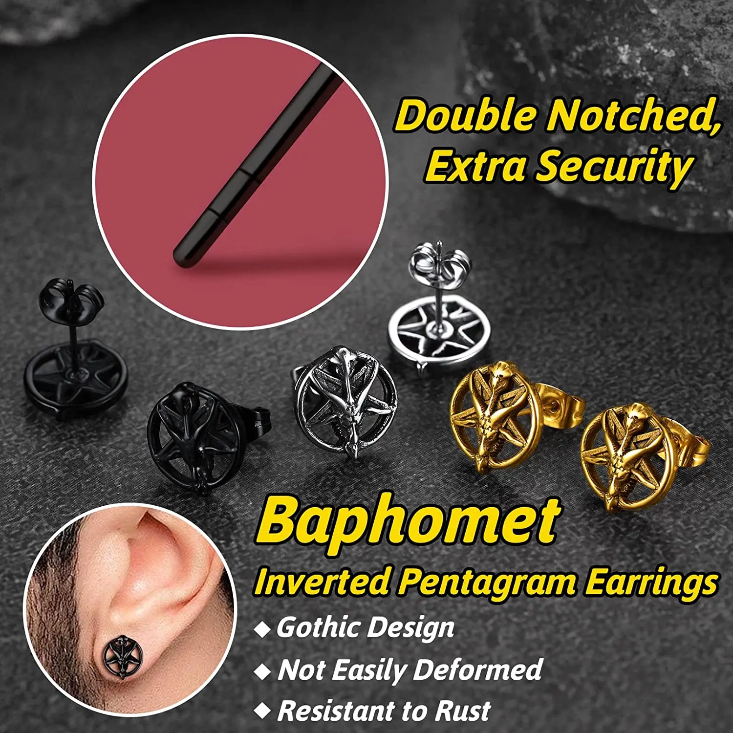 chainspro satan baphomet cabeça do crânio brincos para homens mulher punk aço inoxidável orelha studs