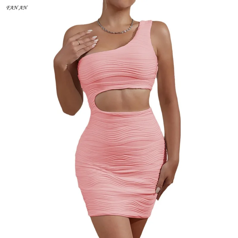 

Sexy Mini Party Summer Dress Club Set One-shoulder Sheath Dress New Water Ripple One-shoulder Fashion Halter-waist Sexy Dress