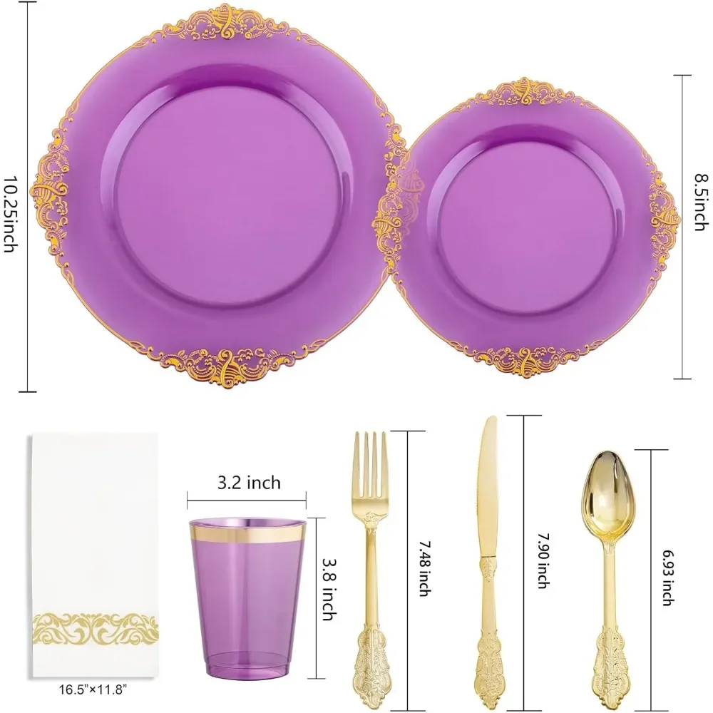 350PCS Purple Plastic Plates Purple Plastic Dinnerware Sets for 50 Guests 100 Disposable Plates 150 Gold