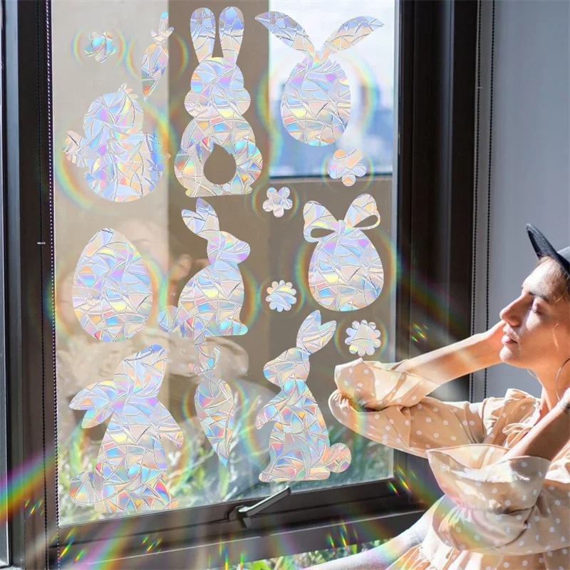 Easter Rabbit Sun Catcher Window Sticker 1Set Electrostatic Easter Eggs Carrot Chick Flower Rainbow Prism Glass Decal Home Decor