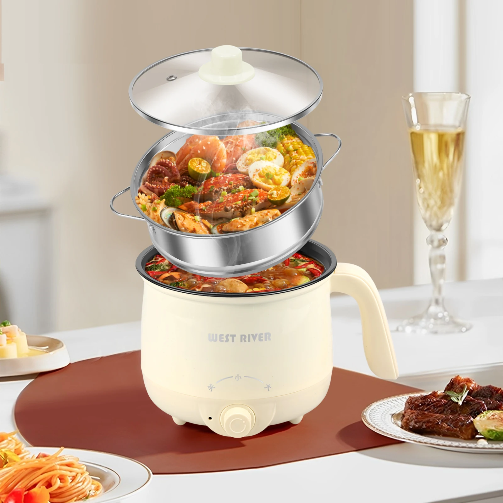 Mini Electric Cooker Multipurpose All-In-One Pot with Steamer Pot Portable Household Mini Pot 1-3 People Electric Cooker UK plug