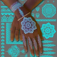 Blue Luminous Henna Tattoo Sticker Girls Tribal White Lace Lotus Tattoos Mandala Flower Fake Jewelry Pendant Temporary Tattoo 1