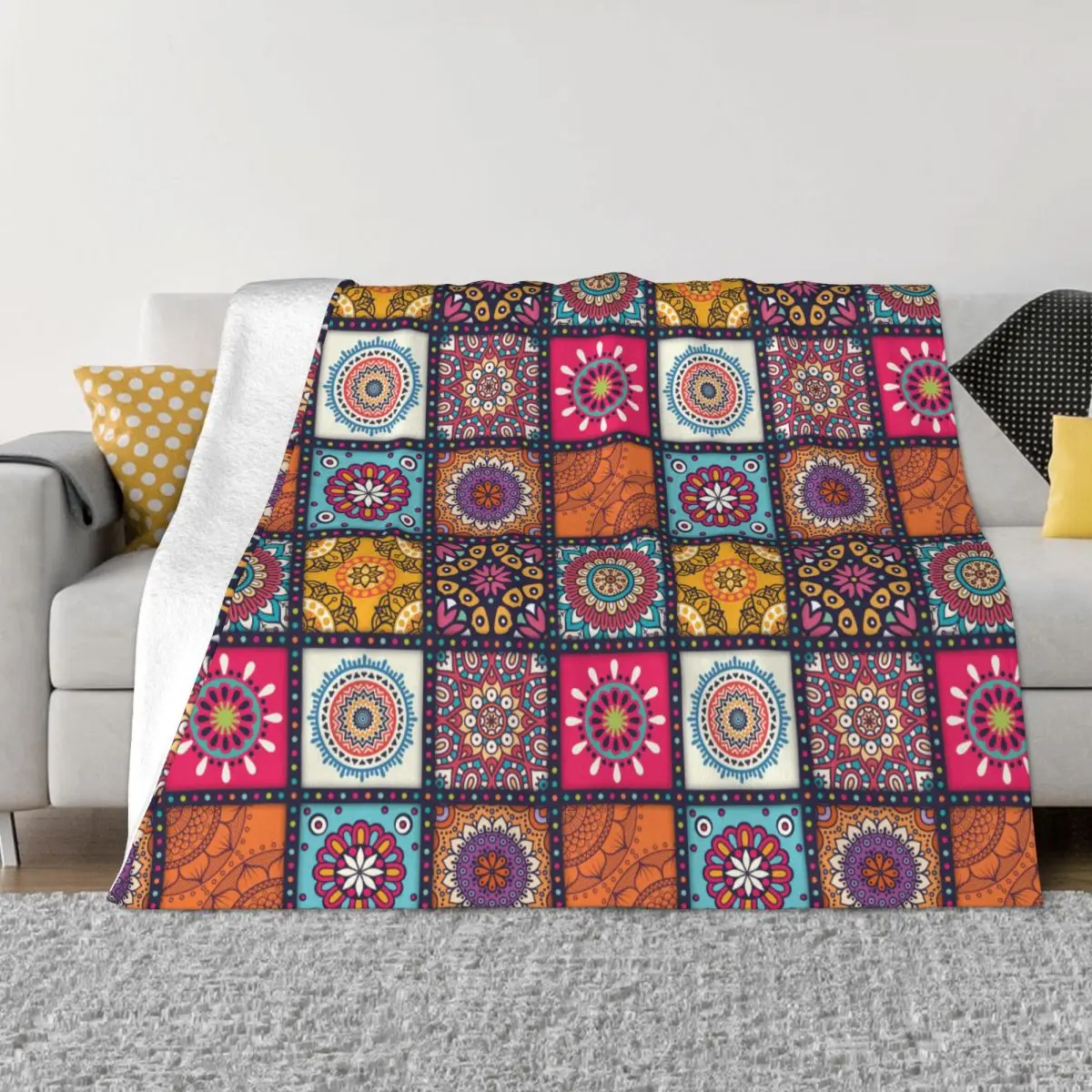 

Boho Mandala Pattern Fleece Throw Blanket Bohemian Blankets for Home Office Lightweight Bed Rug