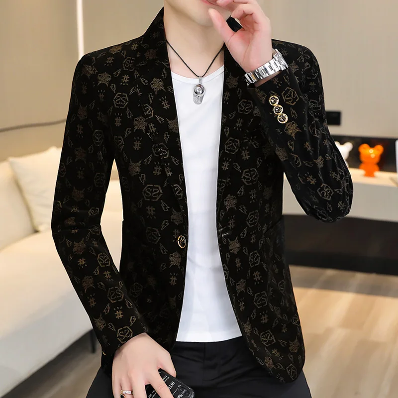 Blazer New Men's Fashion Corduroy Business Gentleman Slim Letter English Style Outdoor Performance Wedding Banquet Casual Blazer 3