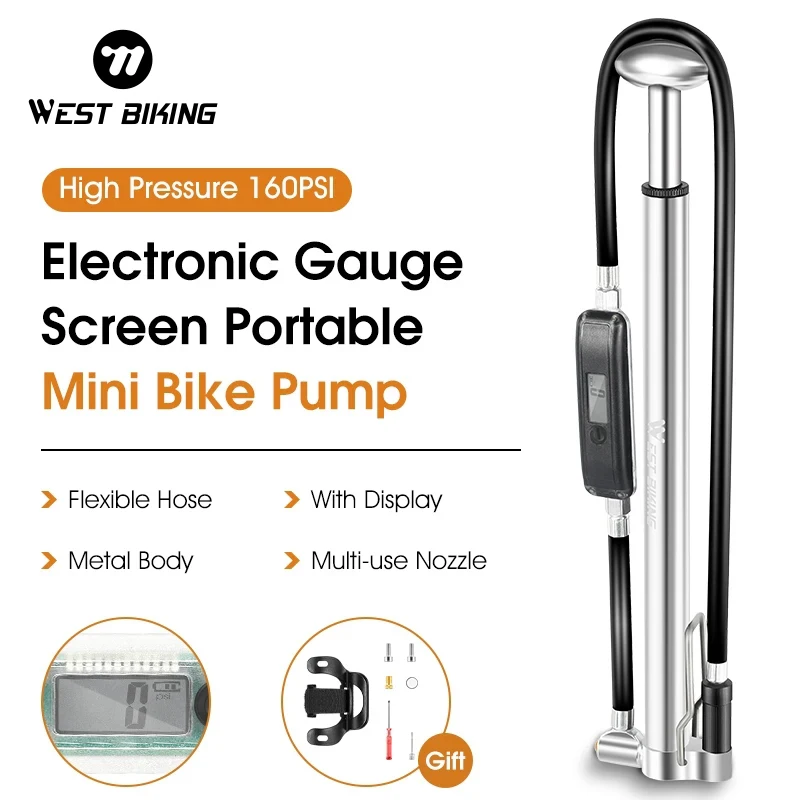 

WEST BIKING Bike Foot Pump With Electronic Gauge Schrader Presta Valve Cycling Pump 160PSI High Pressure MTB Road Bicycle Pump