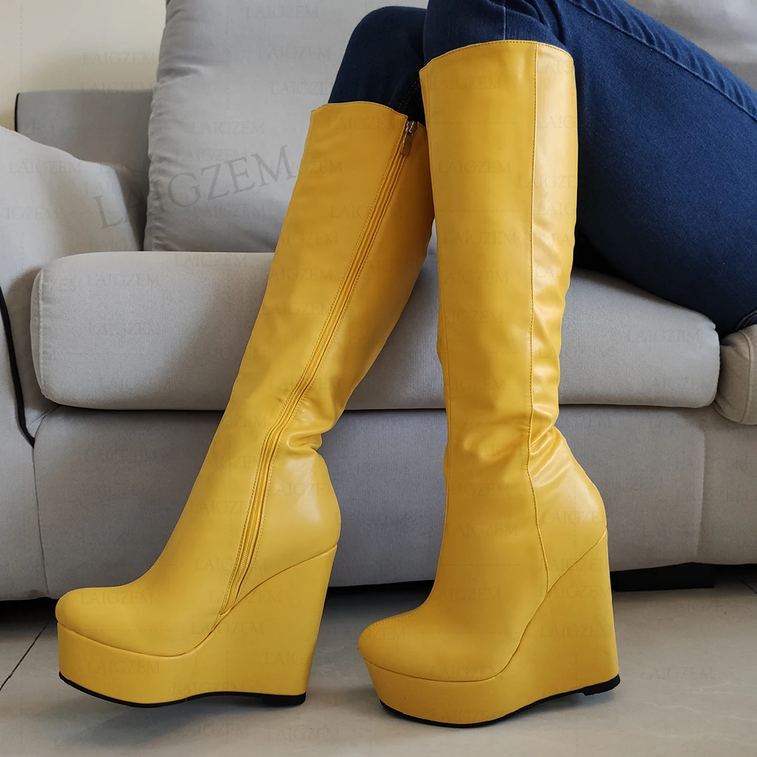 LAIGZEM Women Knee High Boots Platform Wedges Zip Up Round