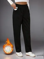 Large women's autumn and winter fashionable casual straight leg pants with slight stretch waist and pocket for home use wide leg