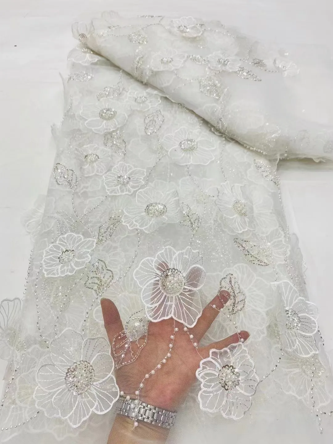 

3D Flower Lace Fabric Embroidery Net Big Flower African Nigerian Sequin Tulle 3D Applique Net for Wedding Evening Dress Sewing