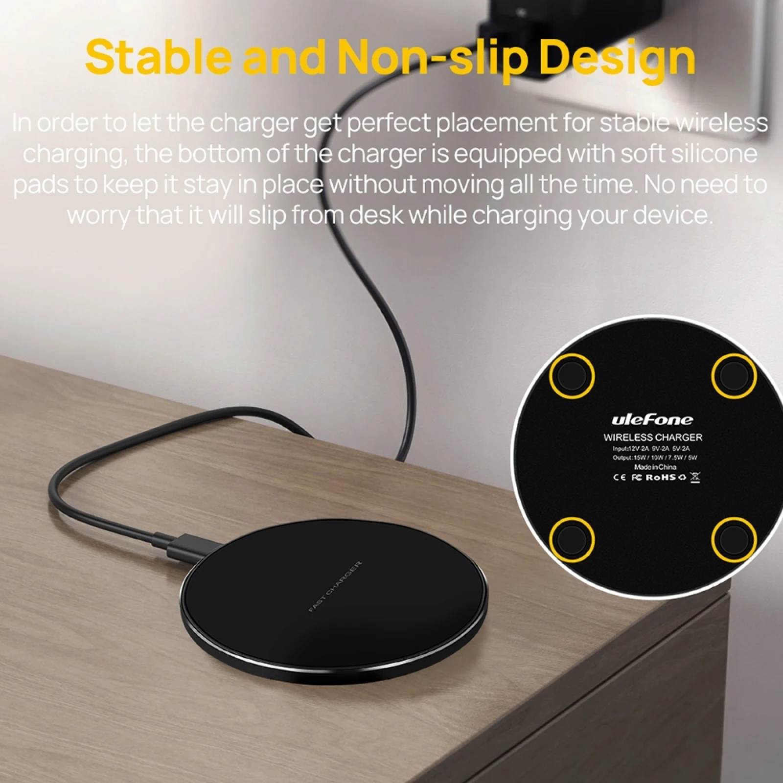 Ulefone UF005 15W Round Fast Charging Qi Wireless Charger with Type-C Charging Cable