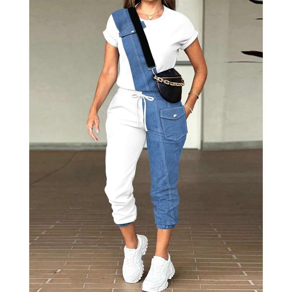 

Summer New Women Denim Look Print Short Sleeve Top & Cuffed Pants Suit Female Casual 2 Pieces Sets Womens Outfits y2k Streetwear