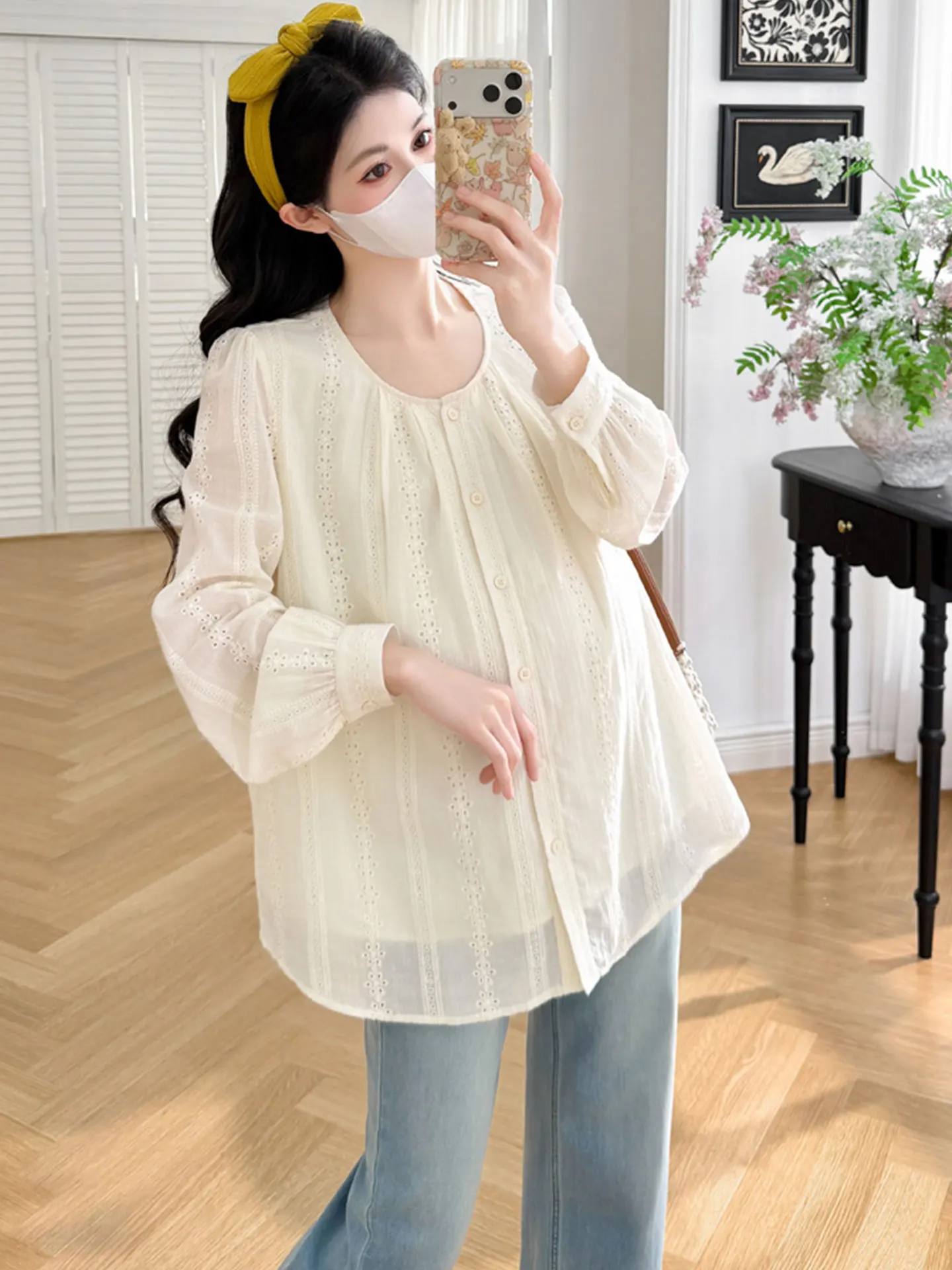 모유 수유 친화적인 루즈핏 임산부 셔츠 자수 봄 가을 신상 한국 버전 긴팔 라운드넥 탑