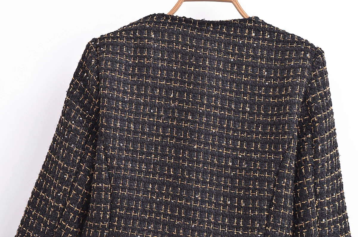 French Retro Women Black Weave Gold Line Tweed Blazer High Waist Center Buttons Back Zipper Mini Skirt Set Suits 2 pieces 1 set