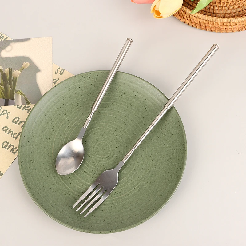 Silver Stainless Telescopic Extendable Spoon Fork Dinner Fruit Dessert Long Cutlery BBQ Meat Fork Kitchen Practical Tools stainless steel spoon,fruit fork,expandable fork,silverware set