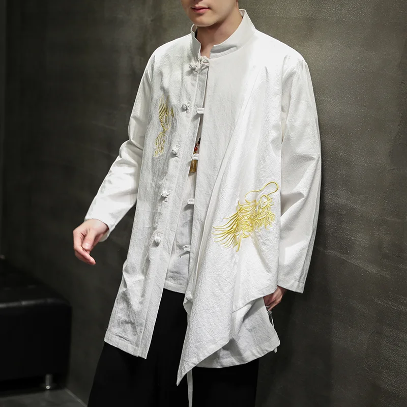 

Китайское традиционное платье, Свободные флисовые Топы Hanfu Wu Dang средней длины с вышивкой, рубашка тайчи, Мужская одежда, пальто оверсайз