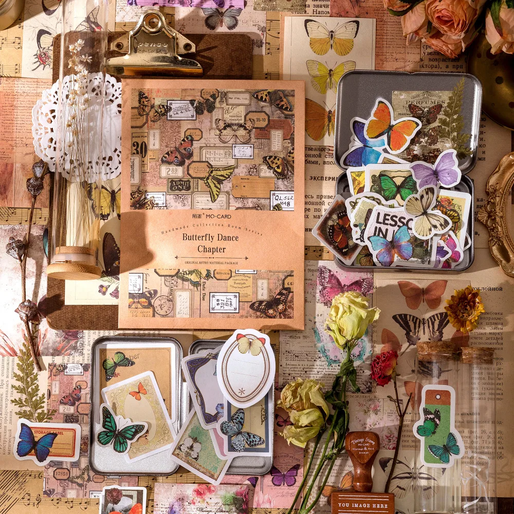 

100PCS Vintage Collection Room Decorative Sticker Retro Plant Butterfly Scrapbooking Material Paper Label Diary Journal Planner