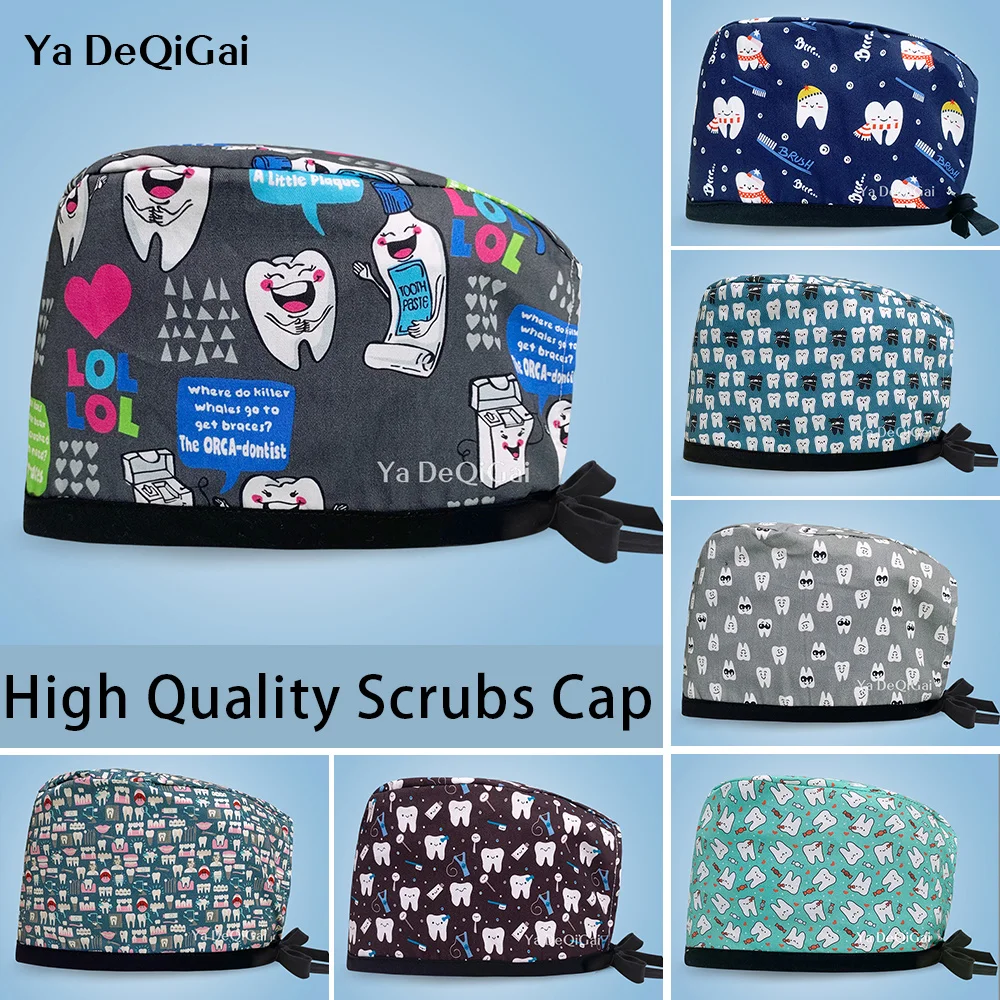 

Unisex Pet Clinic Hats High Quality Tooth Print Dental Clinic Scrub Cap Breathable Medical Work Cap Cotton Nursing Hat Wholesale