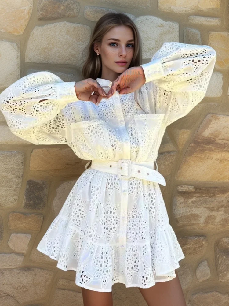 

SEQINYY Elegant Shirt Dress Summer Spring New Fashion Design Women Runway High Street Vintage Hollow Out Casual Loose Holiday