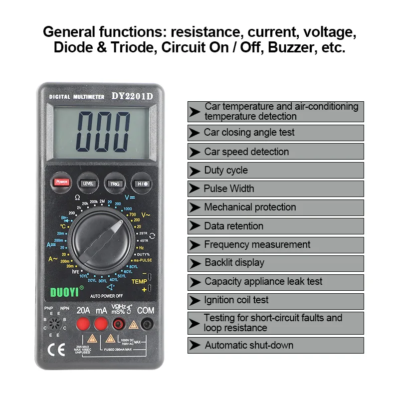 

DUOYI DY2201D Handheld Professional Digital Multimeter With Speed Conversion SensorNon-contact RPM Dwell Angle Frequency Temp A+