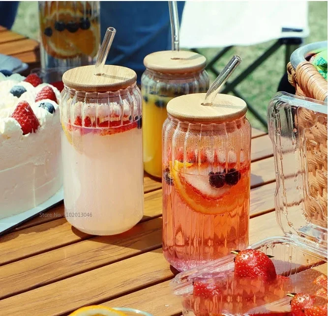 Drinking Utensil Coffee Glass Cup With Straws Wine Milk Beer Cola Juice Cold Drinkware 400/500ml Handmade Can