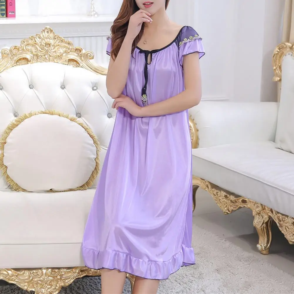 

Beautiful Ruffle Hem Loose Fit Pajamas Dress Anti-pilling Summer Nightdress Faux Satin Summer Loose Nightgown Home Wear