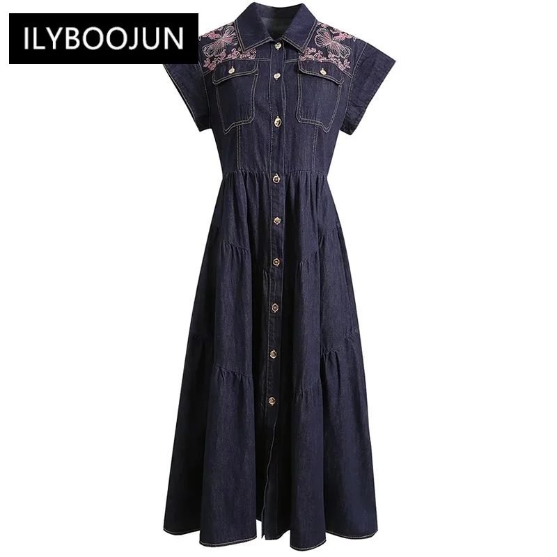 

Autumn Blue Denim Dress Women Short Sleeve Butterfly Embroidery Pocket Vintage Single Breasted 2023 Luxury Brand High Quality