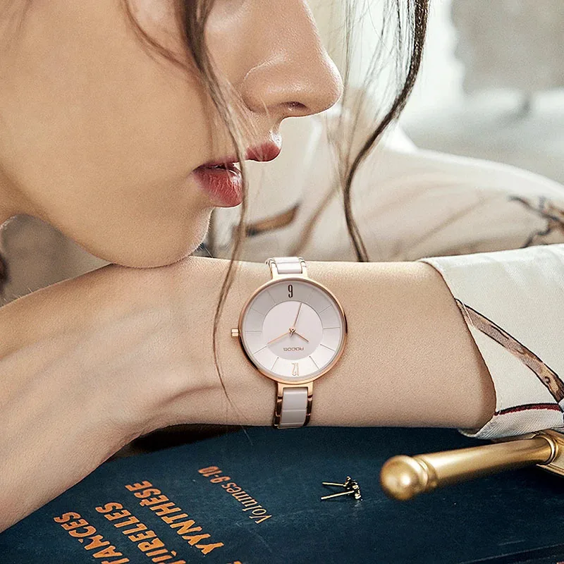 ROCOS Women's Ceramic Fashion Quartz Watch Elegant Luxury Ladies Watches Waterproof Quartz Watch for Women Slim Ceramic Clock