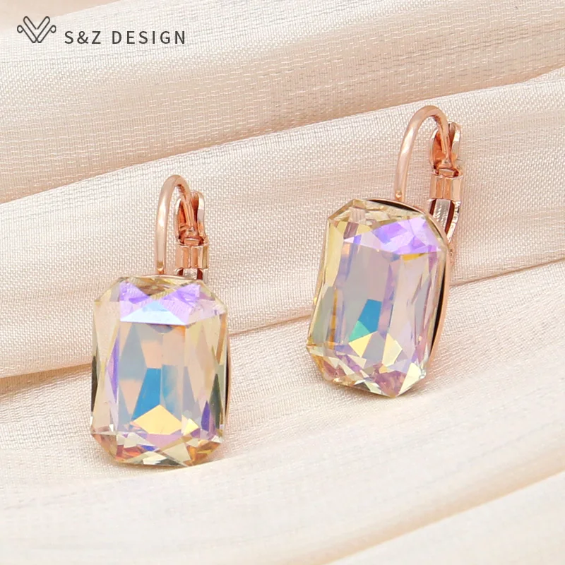 S&Z DESIGN New Arrival Popular Women Fashion Rectangle Crystal Drop Earrings 585 Rose Gold Color Eardrop Wedding Jewelry Gift