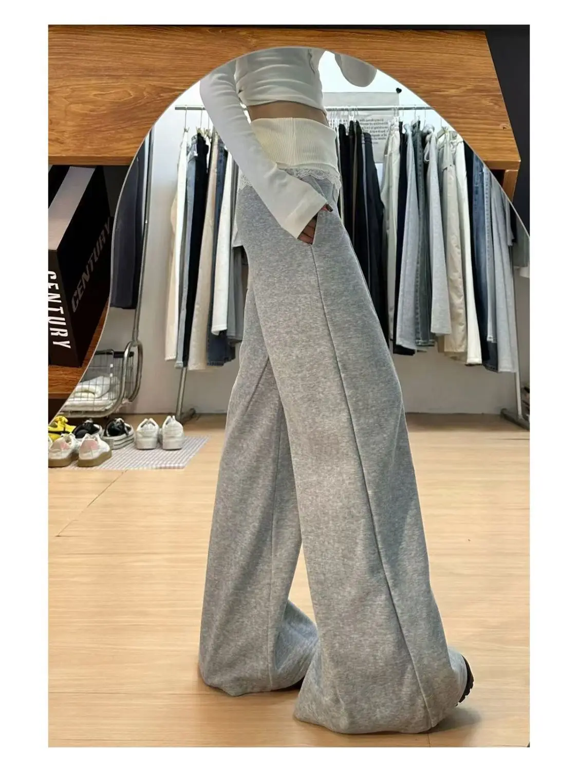 HOUZHOU Gray Lace Patchwork Women Pants Wide Leg Korean Fashion Sweatpants Solid Color Straight Trousers Baggy Basic Casual