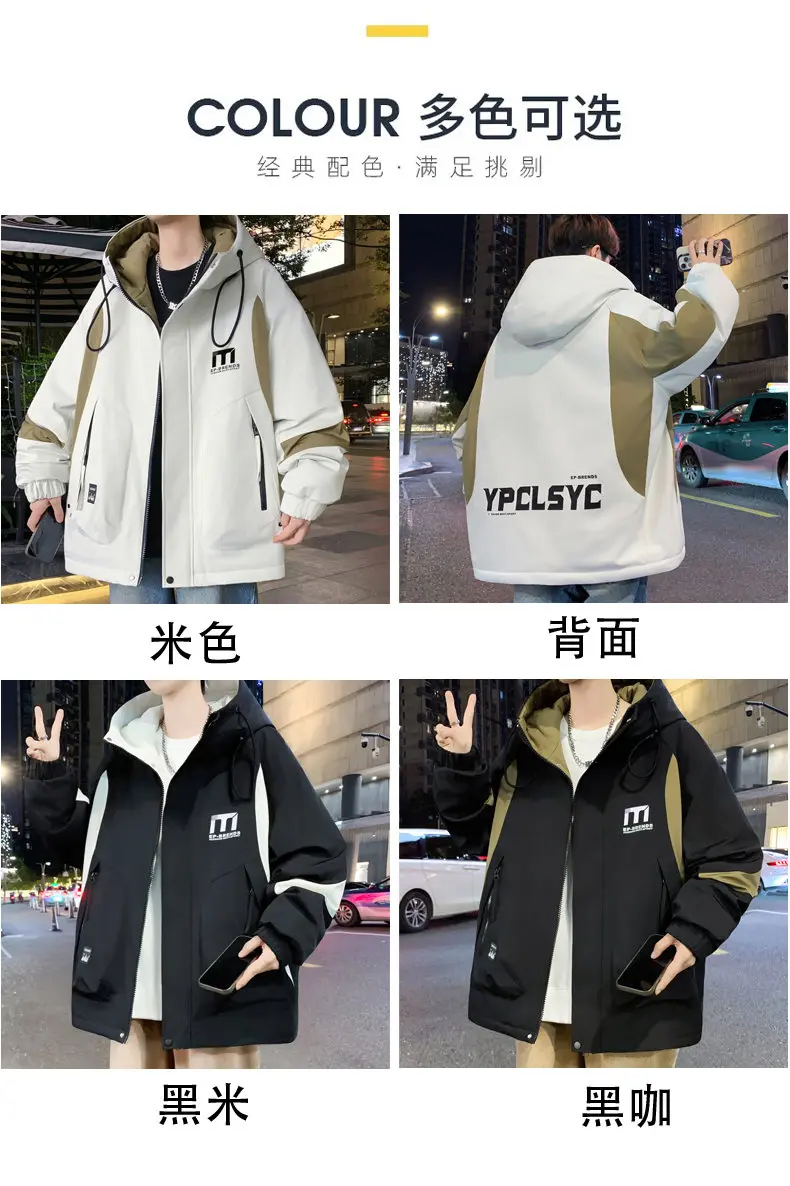 Lässige Herren-Fleecejacken mit dicker Kapuze, modisch, 2025, Herbst-Winter, Jugend-Top, Plüschmäntel, Streetwear, lockere, winddichte, warme Parkas – Detail 8