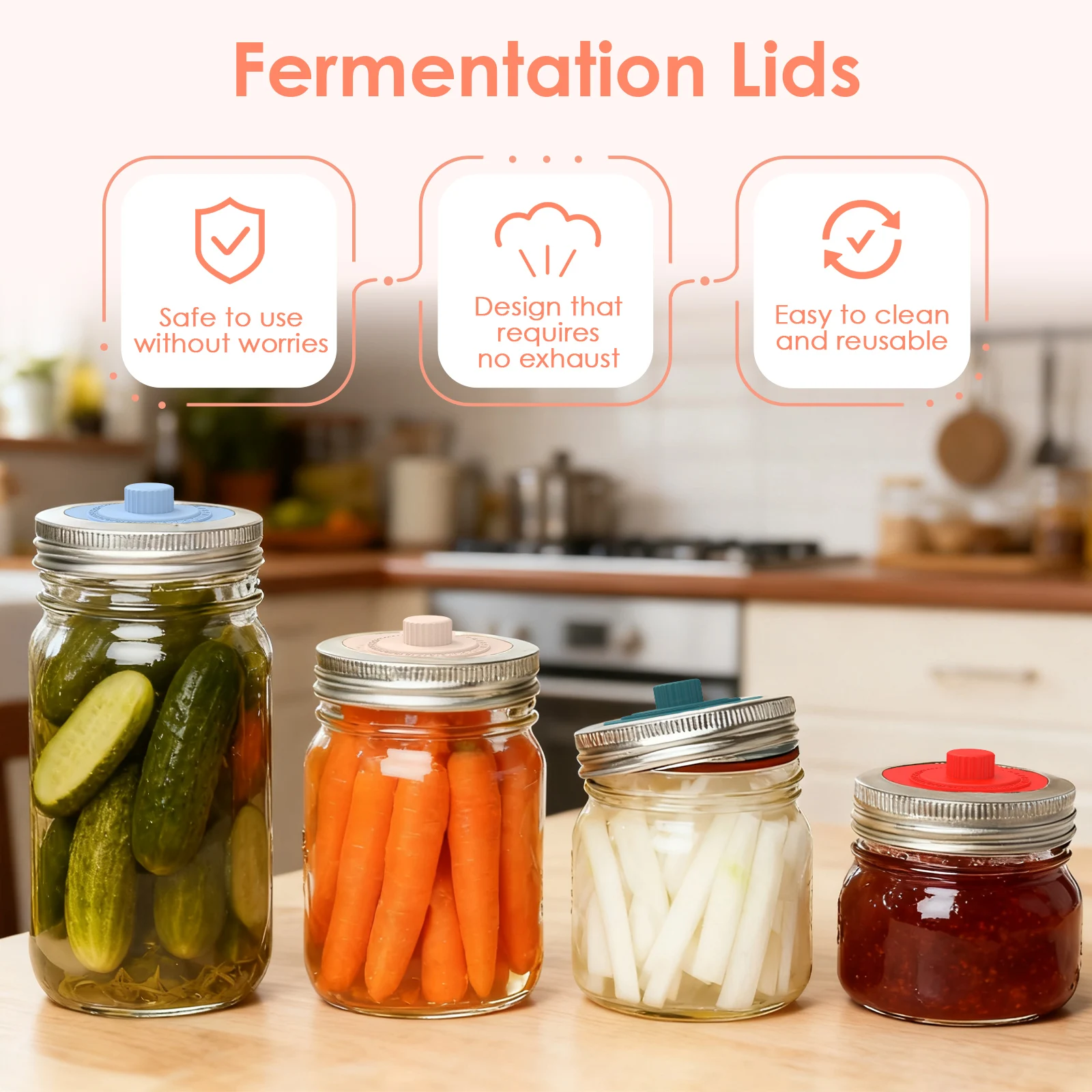 4Pcs Silicone Fermentation Lid  Reusable Mason Jar Fermenter Cap with Date Tracker for Wide Mouth Mason Jars Kitchen Accessories