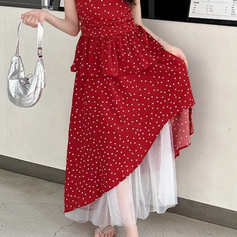 Red Polka Dot Kids Ruffles Dot Dress Camisole Top Ruffled Sleeveless Girls Suspenders Skirt Casual Loose Children Red Dress