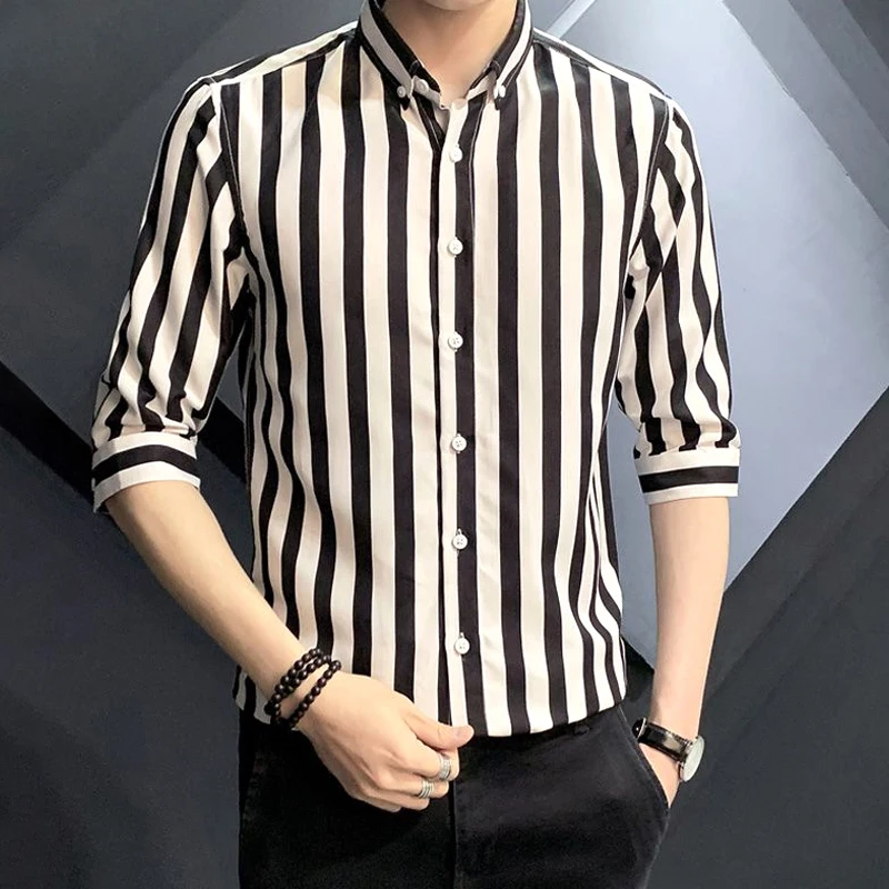 2023 Men's Clothing Fashion Business Casual Turn-down Collar Button Man Striped Office Three Quarter Sleeve Spring Summer Shirts
