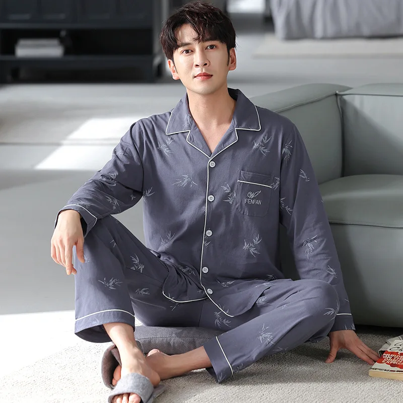 Spring Autumn Men's Cotton Pajamas Long Sleeve Lapel Plaid Cardigan Pants Oversized Loose Fitting Casual Home Clothing Set