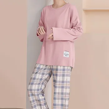 Pajamas Set For Women Spring Autumn New Sweet Loose Casual Home Wear Plaid Print Sleepwear Outfit 2 Piece Set T-Shirts+Pant Sets 1