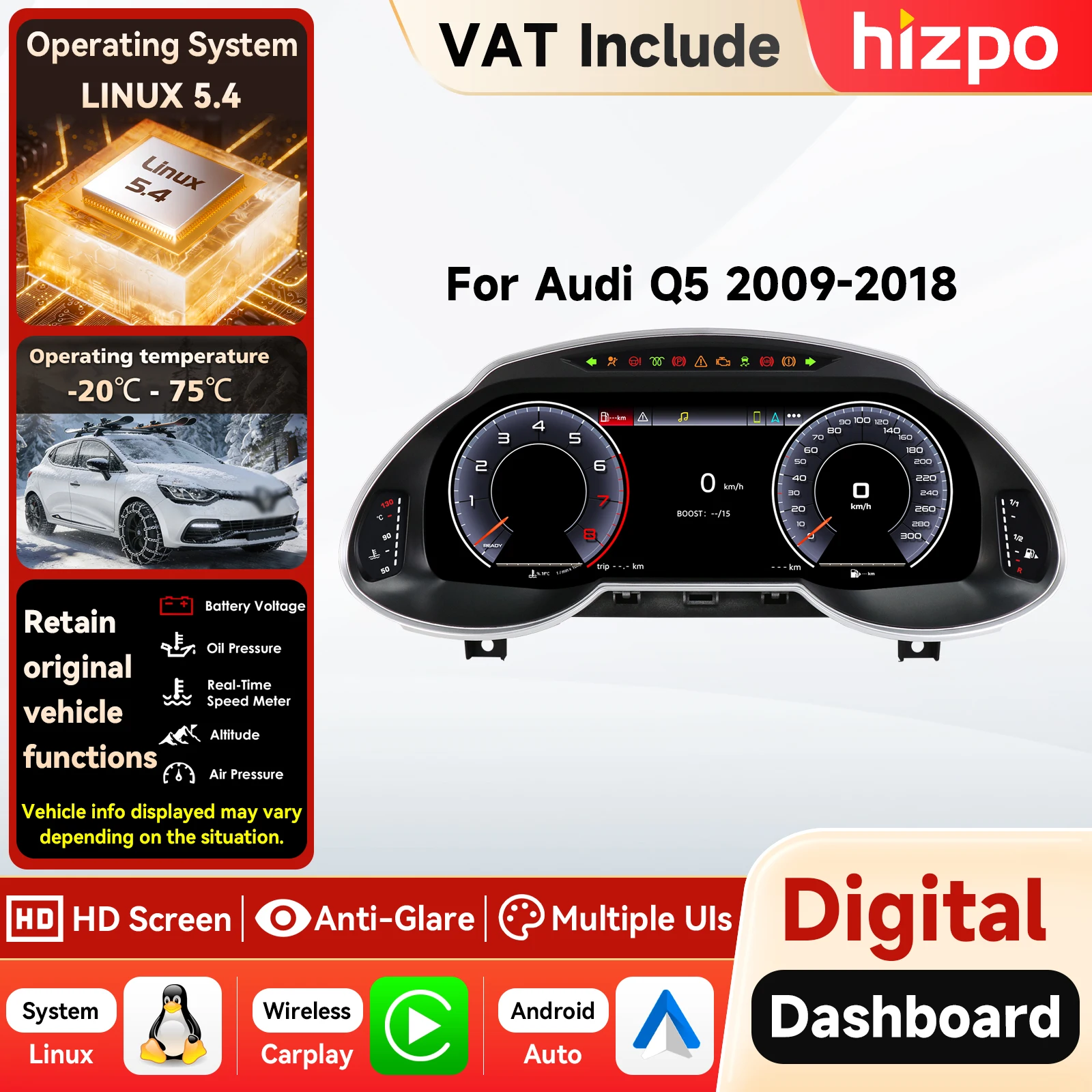 Hizpo 12.3''  Panel de Instrumentos Digital para Auto con Linux 5.4 para Audi Q5 2009-2018, Velocímetro LCD, Carplay 1