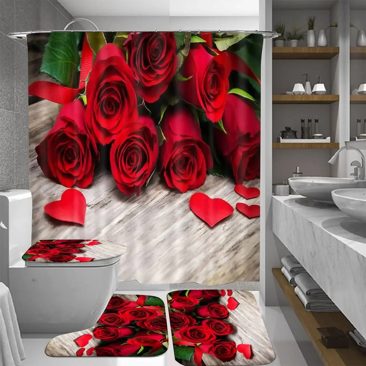 Red Rose Flowers Bathroom Curtains Black Fabric Shower Curtain Set Bath Mats Rugs Toilet Lid Cover Anti-skid Carpet Home Decor 3