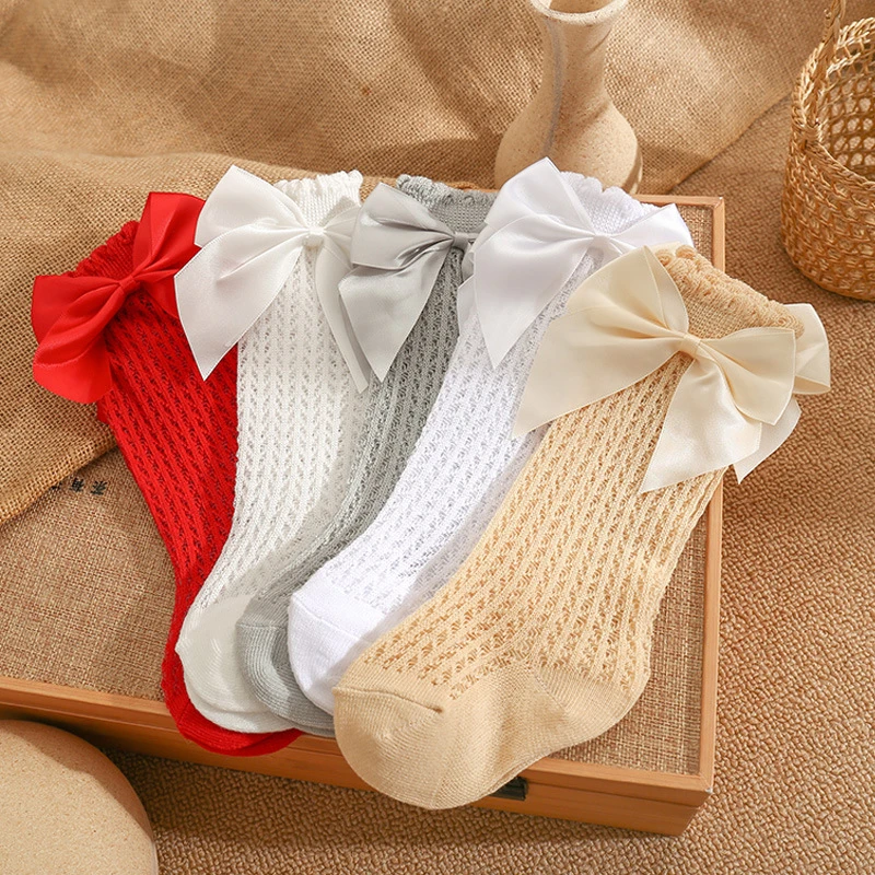 Chaussettes d'été à gros nœud pour bébés, chaussettes hautes en coton pour enfants, garçons et filles, accessoires pour bébés