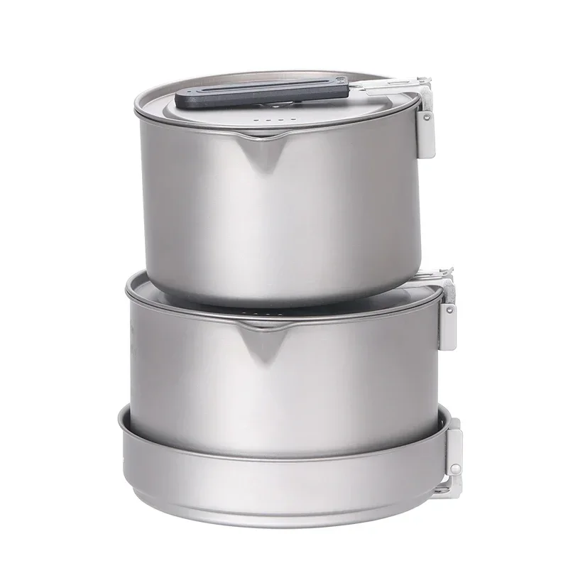 Camping Cookware Set Ultralight Titanium pot and Fry Pan with Foldable handle 3 Piece Cookset for Camping and Outdoor